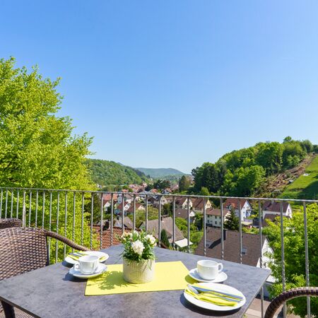 Frühstücksterrasse mit Blick ins Tal